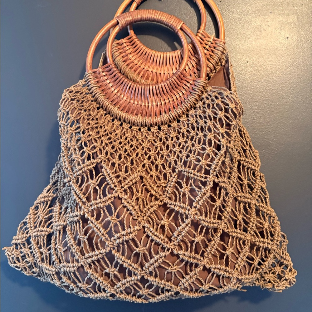 Vintage Handcrafted Brown Macramé Tote Bag with Wooden Ring Handles